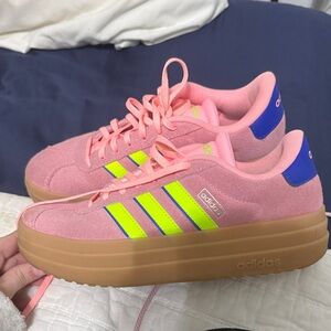 Adidas Women's Pink Sneakers with Neon Stripes